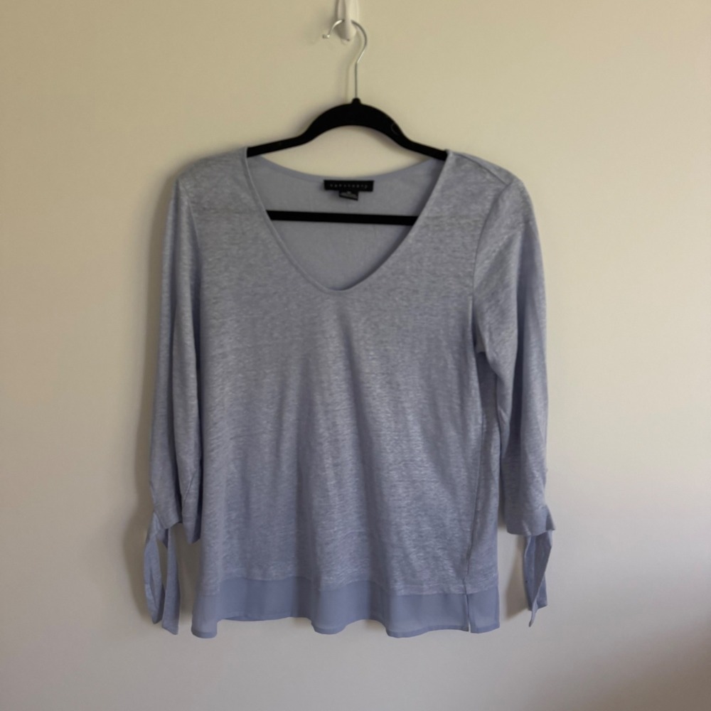 Sanctuary Womens XS Blue Linen V-Neck Tie Sleeve Layered Hem Top T2318-KC013BN
